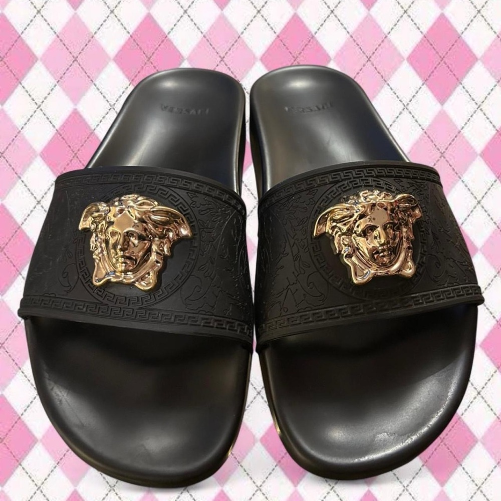 Versace black and gold medusa slides